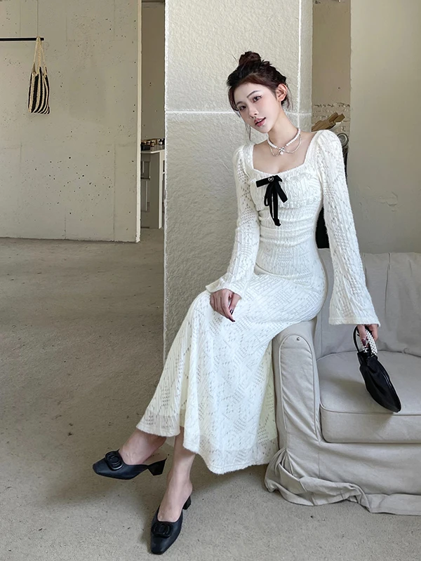 فستان طويل أنيق بتصميم أميرة ضيق مع حواف دانتيل، أسلوب خريف وشتاء أنيق، ياقة مربعة، خصر مجمع، تنورة على شكل حرف A