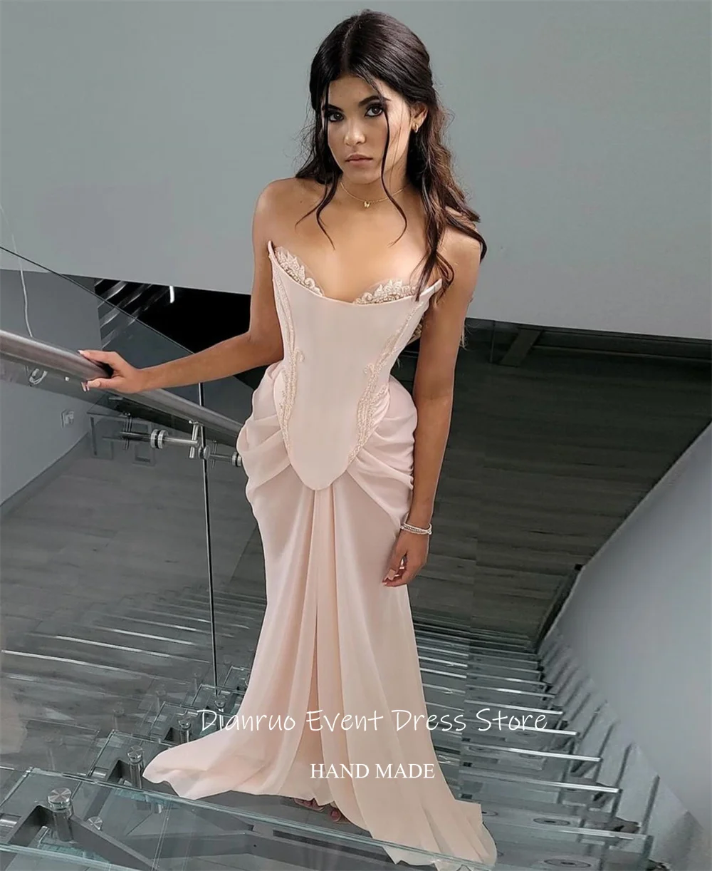 Dianruo فساتين سهرة أنيقة على شكل قلب حورية البحر طويلة من الشيفون فساتين حفلات بدون أكمام كريستال Ruched Vestido De Noiva مخصصة