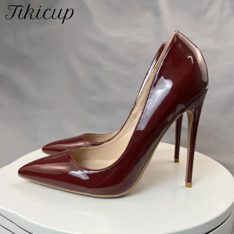 Tikicup vino rosso brevetto donne Sexy punta a punta tacchi alti pompe OL Slip On tacchi a spillo scarpe eleganti formali personalizza pompe