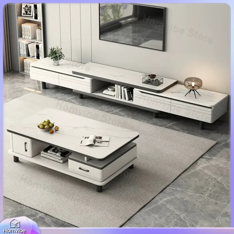 Modern Telescopic TV Stand Cabinet Living Room Furniture Sintered Stone Coffee Table Combo Small Apartment Floor Storage Unit