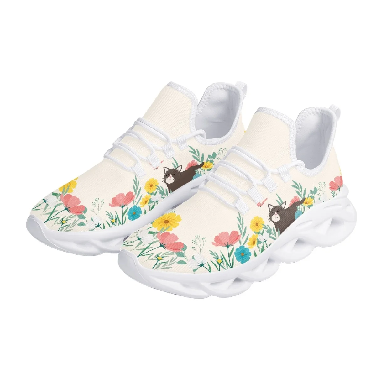 Cute Cat Flower Cartoon Print Ladies Flat Shoes Spring Autumn Outdoor Travel Walking Footwear Casual Durable Non-Slip Sneakers