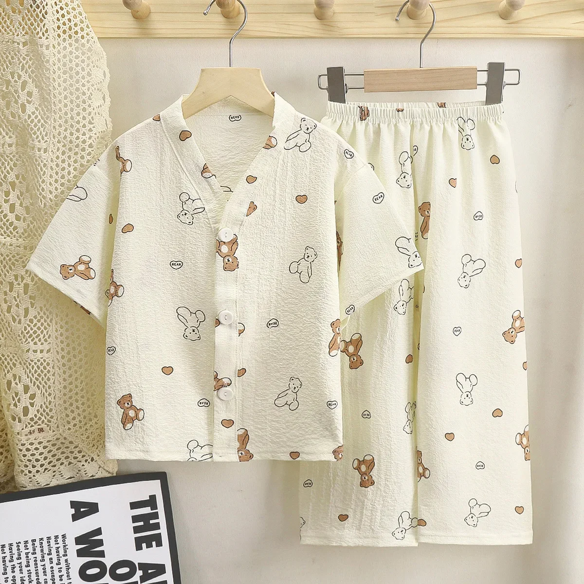 New 2024 Summer Kids Thin Pajamas Boys Girls Cartoon V-neck Short Sleeve Shirt Top + Pants Casual Clothes Sets Baby Loungewear