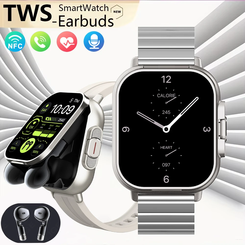 

NFC BT Call Headset 2 in 1 Smart Watch Headphone Watches Heart Rate Sport Bracelet TWS Earphone Music Smartwatch for Android iOS