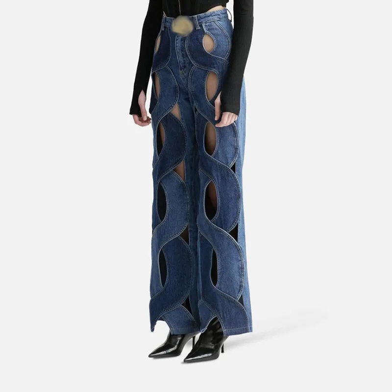 Hollow Out Women Denim Jeans Pants Autumn 2024 New Patchwork Designer High Waist Straight Wide Leg Trousers Prom Dress In Stock