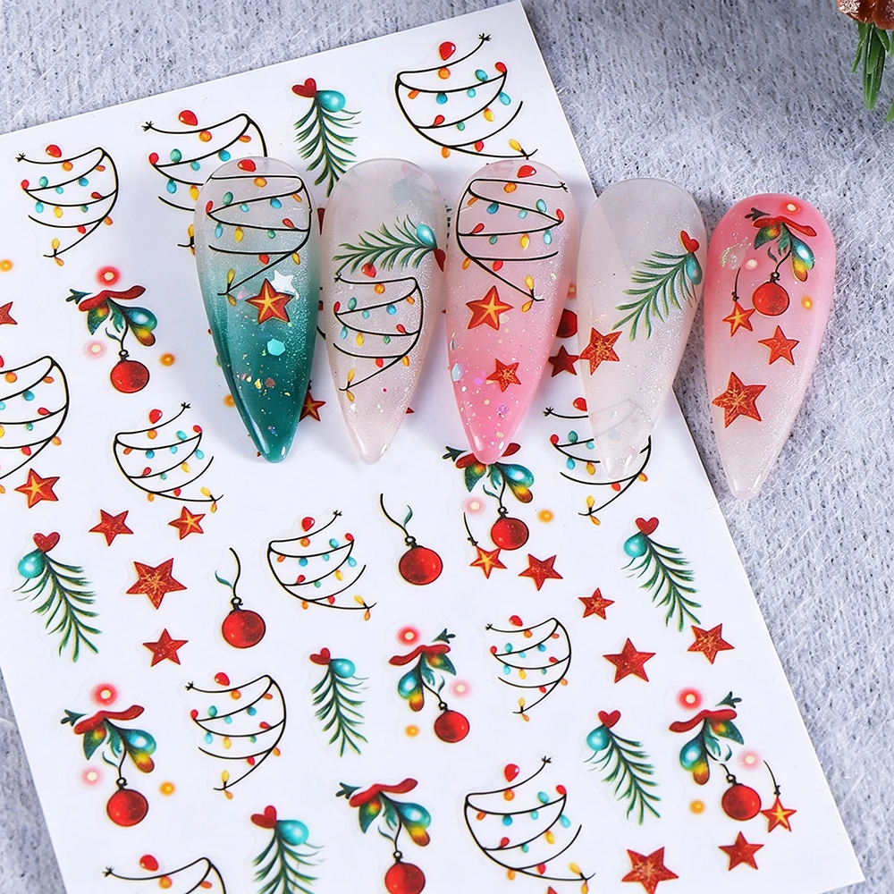 1 Stück 3D Leuchtende Bunte Weihnachts-Nagelaufkleber Grüner Tannenzweig/Roter Christbaumkugel-Stern Nagelsticker Selbstklebende Feiertags-Nageldekoration – Detail 4