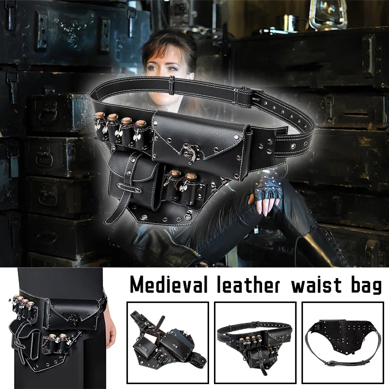 Medieval Alchemy Bottle Waist Bag With 6 Potion Bottle PU Leather Perfume Holder Pouch Gothic Retro Witch Wizard Cosplay Props