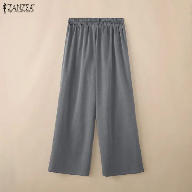 ZANZEA Women's Loose Wide Leg Pants Minimalist Casual Elastic Waist Inverted Pleats Solid Color Trousers Commuting Woman Palazzo