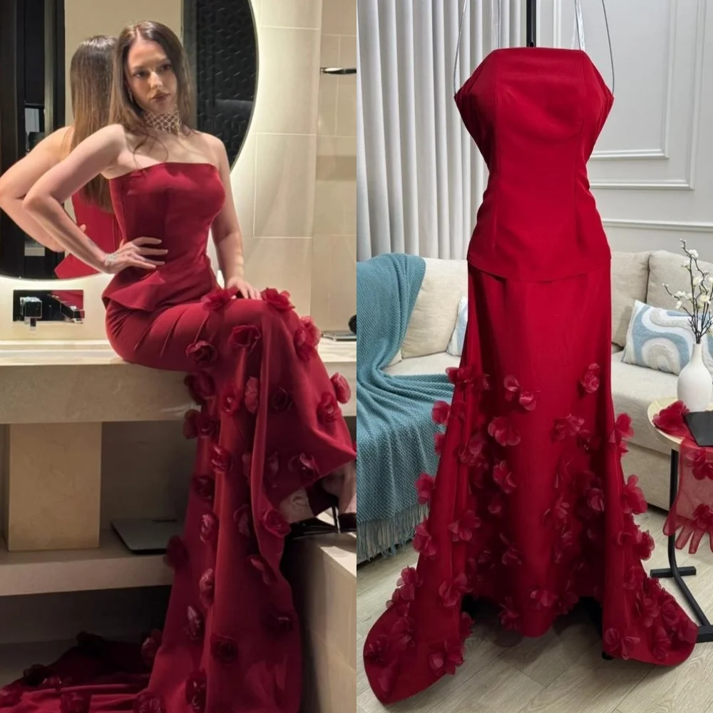 

Customized Matching Chinese Style Jersey Handmade Flower Pleat Ruched Mermaid Strapless Long Dresses Evening Dresses Exquisite