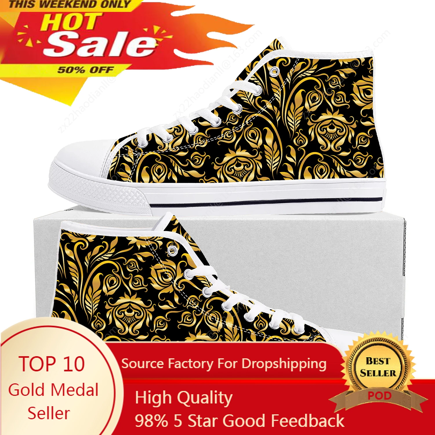 

Hot Luxury Golden Floral Prints High Top Sneakers Mens Womens Teenager Canvas Sneaker Baroque European Casual Shoes Custom Shoe