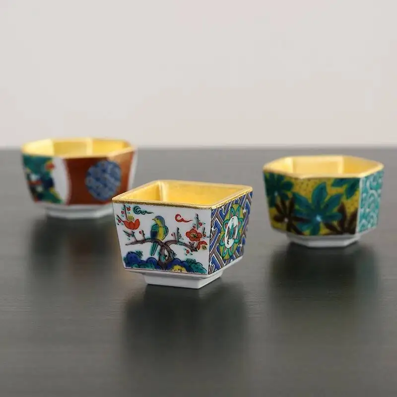 Authentic Japanese Imported Kutani Ware Era Gold Leaf Small Wine Tea Liquor Ceramic Sake Cup