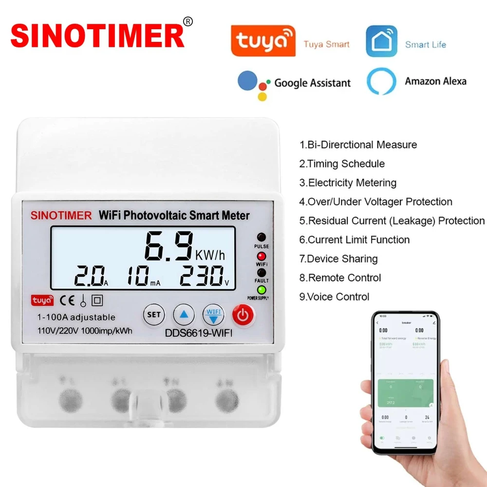 100A Circuit Breaker Wi-Fi PV Smart Meter with Timer Remote Control Over/Under Voltage Current Protector Leakage Auto-reclosing