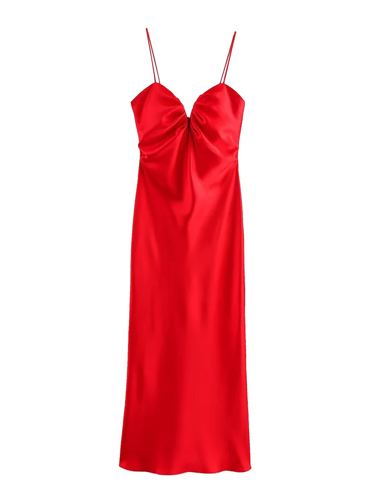 

Willshela Women Fashion Red Pleated Backless Zipper Midi Dress Vintage Thin Straps V-Neck Female Chic Lady Dresses