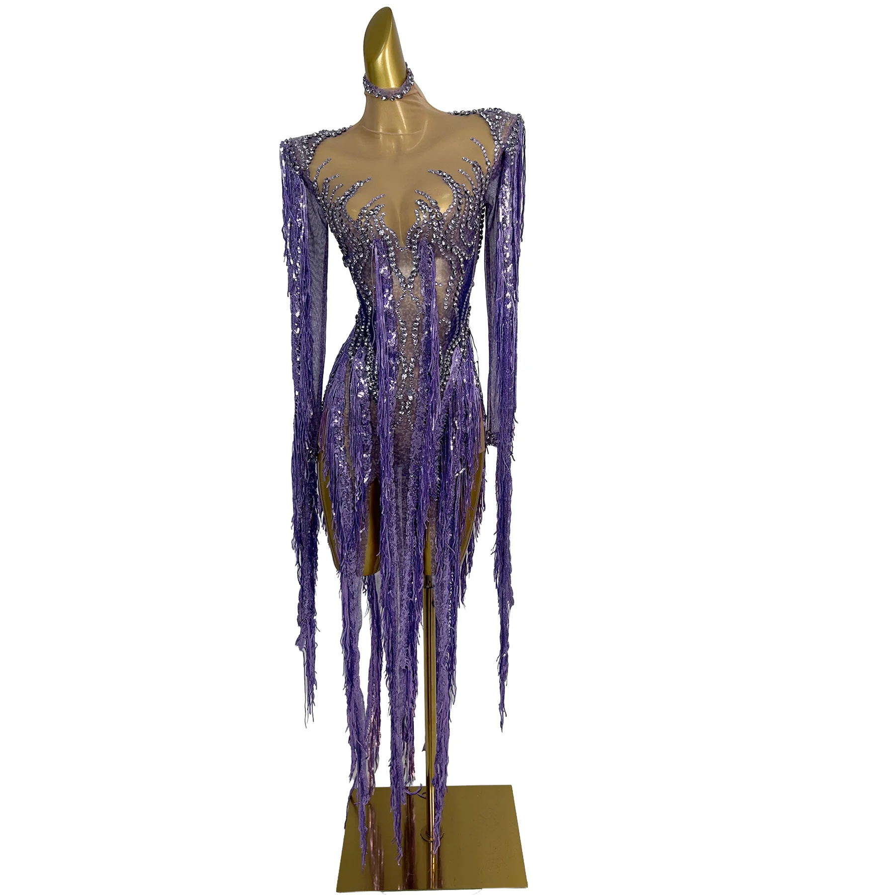 Body Roxo Chaomian de Tule com Franjas de Strass e Mangas Compridas com Gargantilha para Apresentações de Drag Queen