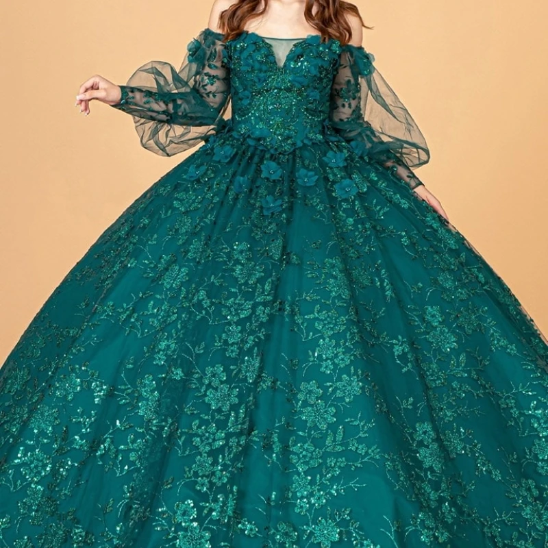 

Sparkly Emerald Green Quinceanera Dress Ball Gown Puff Sleeve Lace Appliques Beading Tull Sweet 16 Vestido De 15 Anos