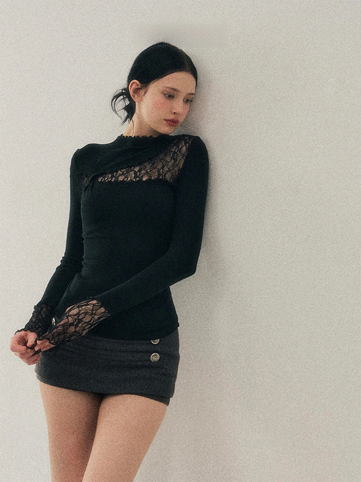 

AOMALM Lace Hollow out High Ne T-irt Women's Winter Slim Fit Sexy Pure Color Long Sve Ele Sle Daily Wear