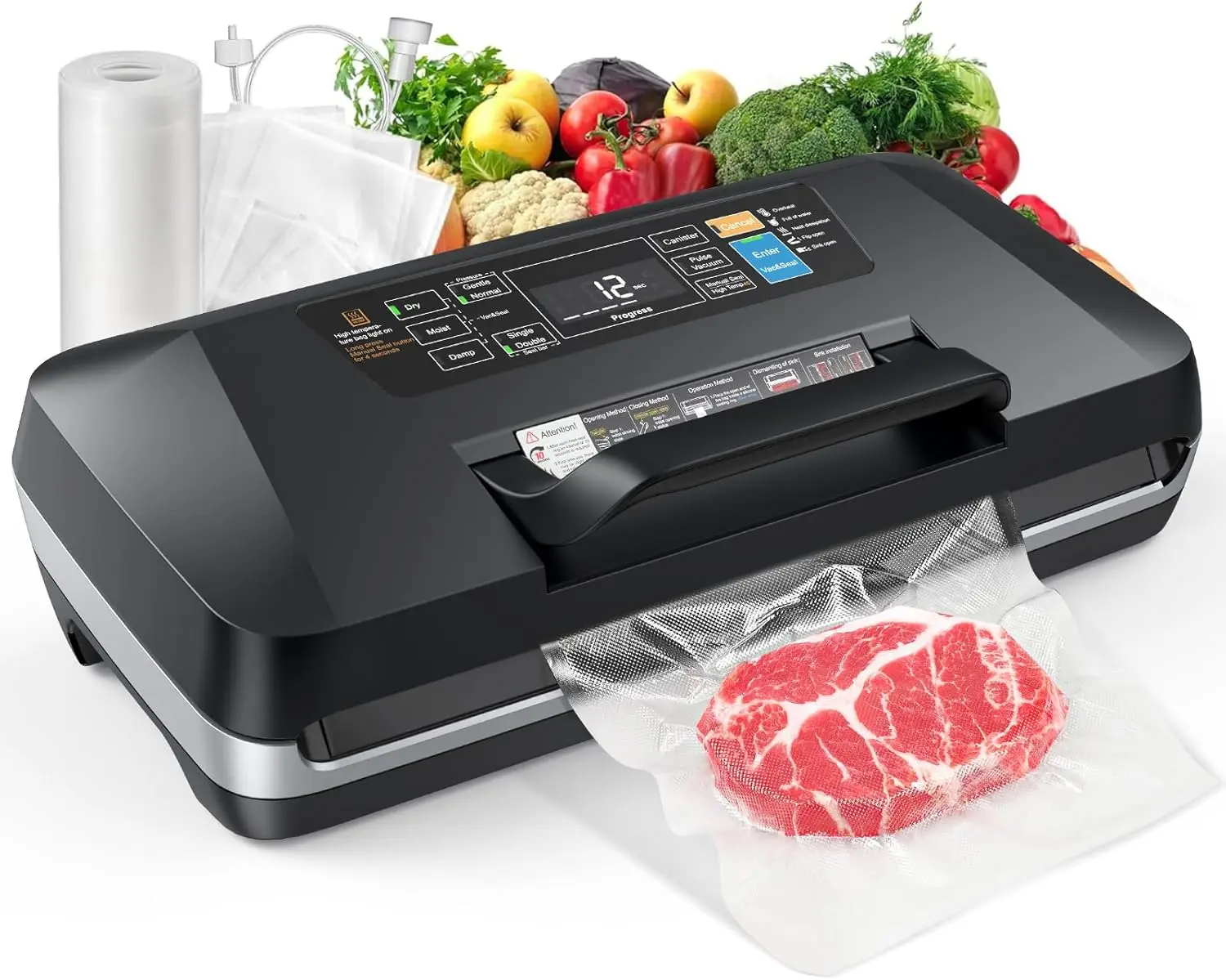 

95KPa Vacuum Sealer, Automatic Food Vacuum Sealer Machine with Double Seal Strip, 10 Modes for Wet/Dry/Canister Food, Built-in