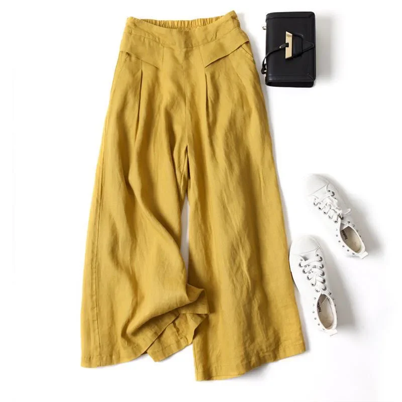 Cotton Linen Ankle Length Pants for Women Summer Thin Casual Pants Fashion High Waist Solid All Match Loose Wide Leg Trousers