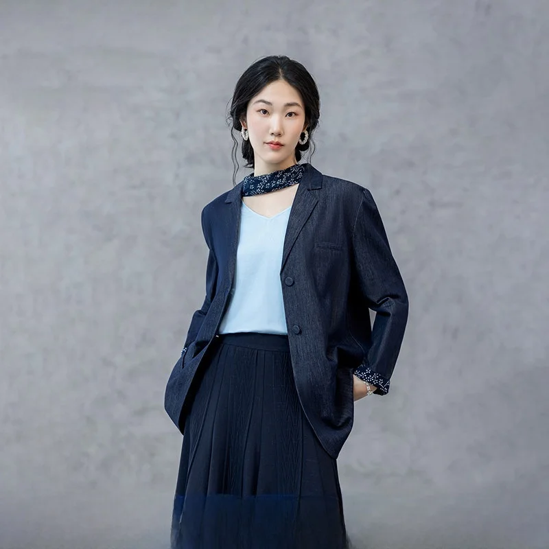 

New Spring 2025 Women's Cotton Blend Printed Blouse Jacket Loose Fit Long Sleeve Traditional Retro Blue Patchwork Outerwear