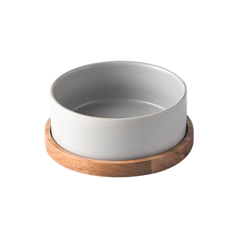 

Dog Bowl Ceramic Matte Pet Bowl Cat Rice Bowl Drinking Cervical Protection Anti Knock Over Acacia Wooden Tray Pet Supplies
