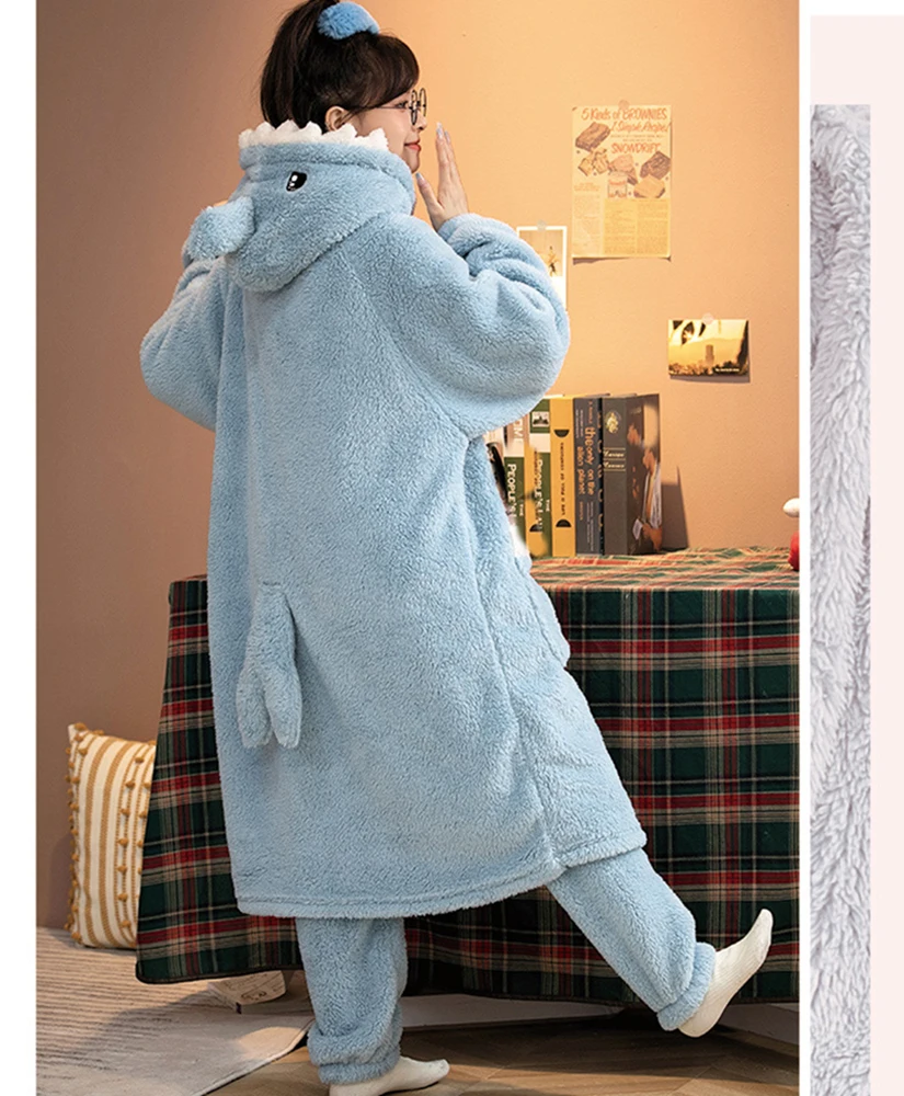 Lady's Winter Thin Nightgown Suit Length To Shank Polyester Warm Comfortable Blue Dink Leisure Wear With A Shark Hat - Image 3