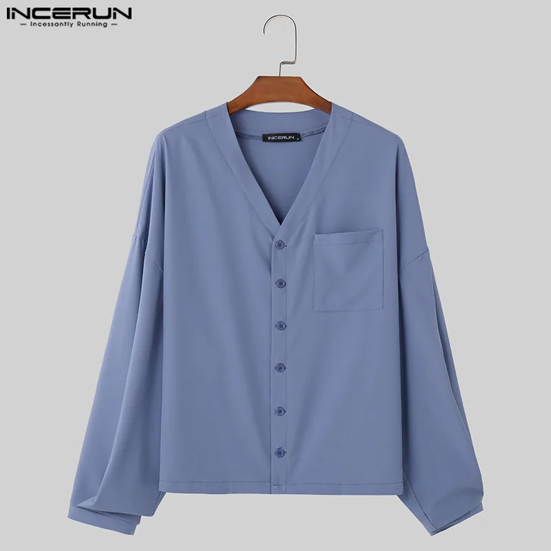 Men Shirt Solid Color V Neck Long Sleeve Streetwear Men Clothing 2024 Pockets Korean Style Fashion Casual Shirts S-5XL INCERUN