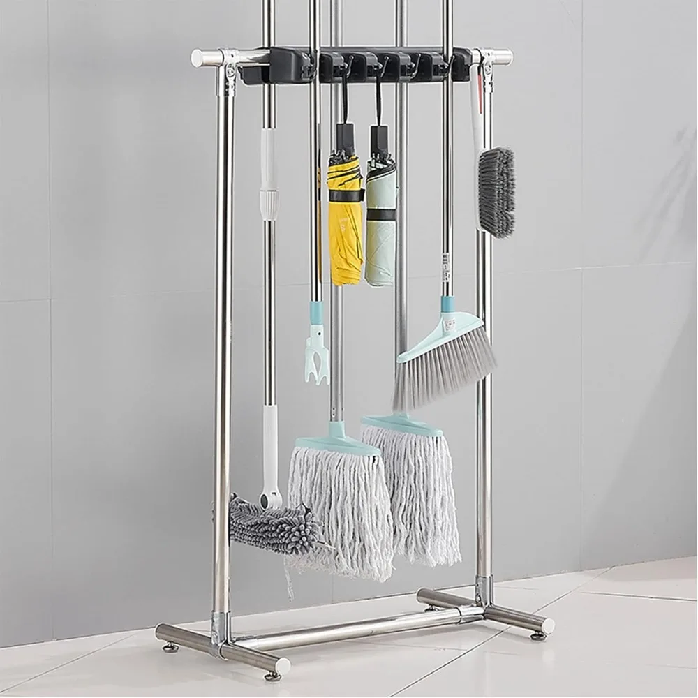 Wall-Mounted Mop Holder for Commercial Use, Adjustable Cleaning Supply Organizer and Garden Tool Storage Rack