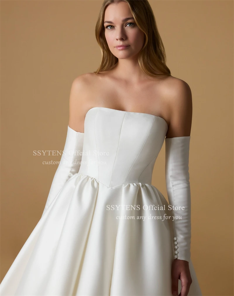 SSYTENS White Graceful High Waist Wedding Dresses Strapless Floor Customized Bride Dress Detachable Long Sleeves Bridal Gowns