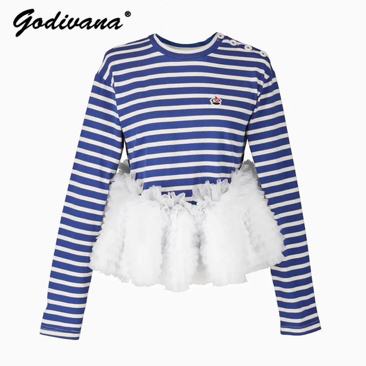 

Японский стиль, плиссированная пряжа, сетчатая лоскутная полосатая футболка с длинными рукавами, новая осенняя женская хлопковая футболка с круглым вырезом, топы