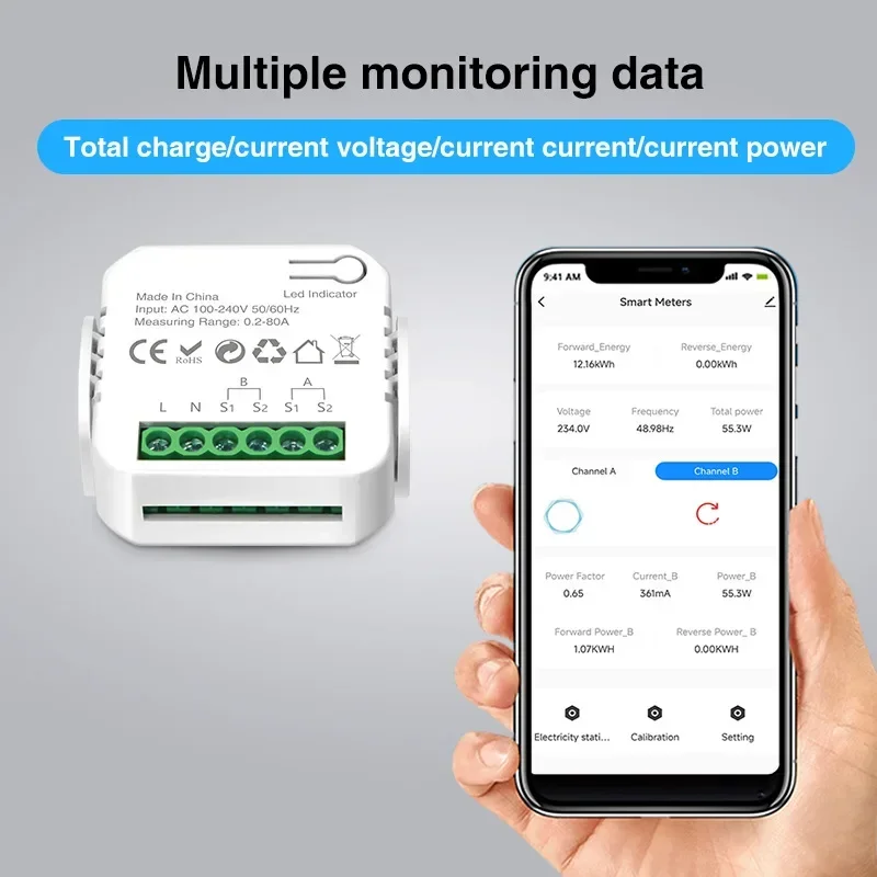 Tuya Wifi Smart Energy Meter with Current Transformer Clamp Two Way 1/2 Channel 80A App Power Electricity Consumption Monitor