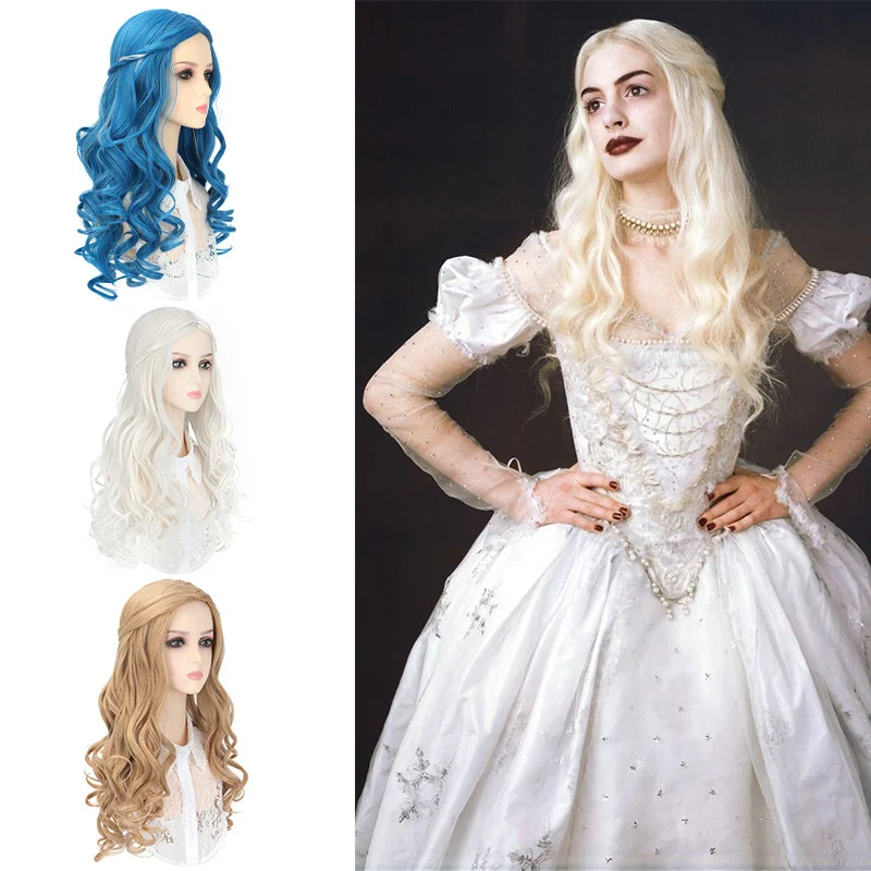 Blue Wig Anime Cosplay Woman Wigs of White Queen Alice Synthetic Party Costume Peluca