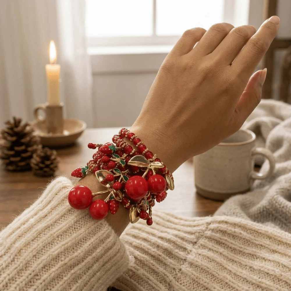 Chic Beaded Stackable Bracelet Set Fruit Heart Red Cherry Hand Chain Strawberry Lightweight Hand Jewelry Girl