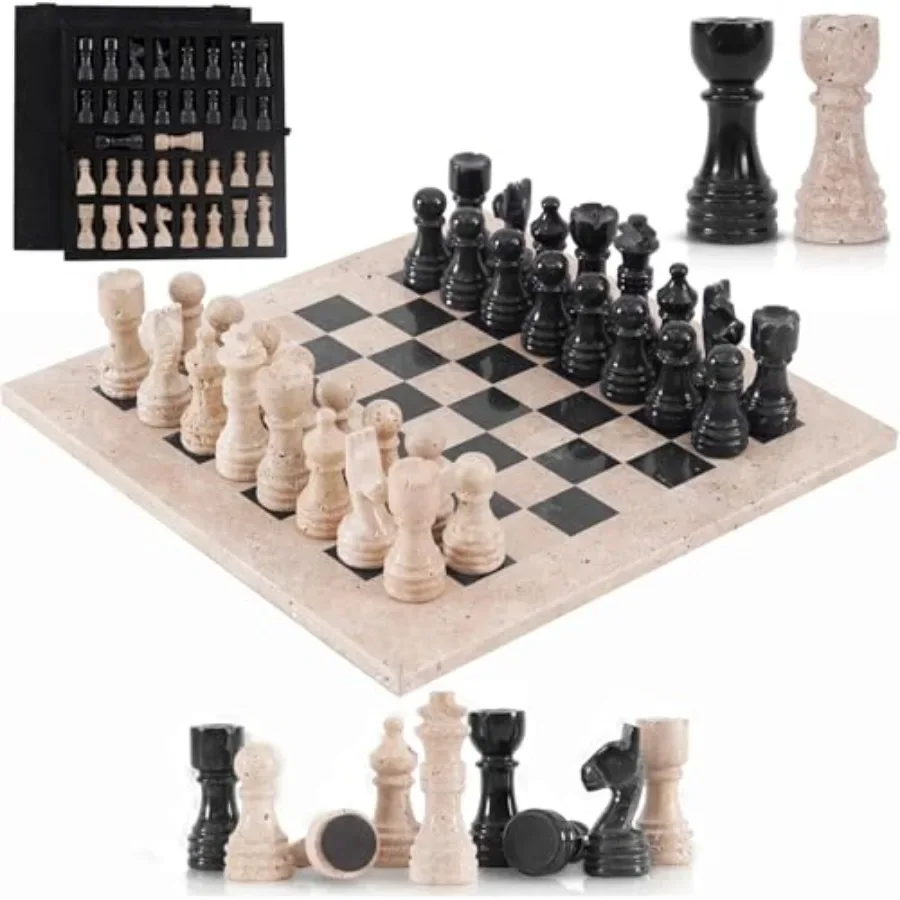 

Marble Chess Set for Adults: 12 Inch Handmade Travertine and Black Chess Board with Storage Box, Travel Chess Game Featuring 32