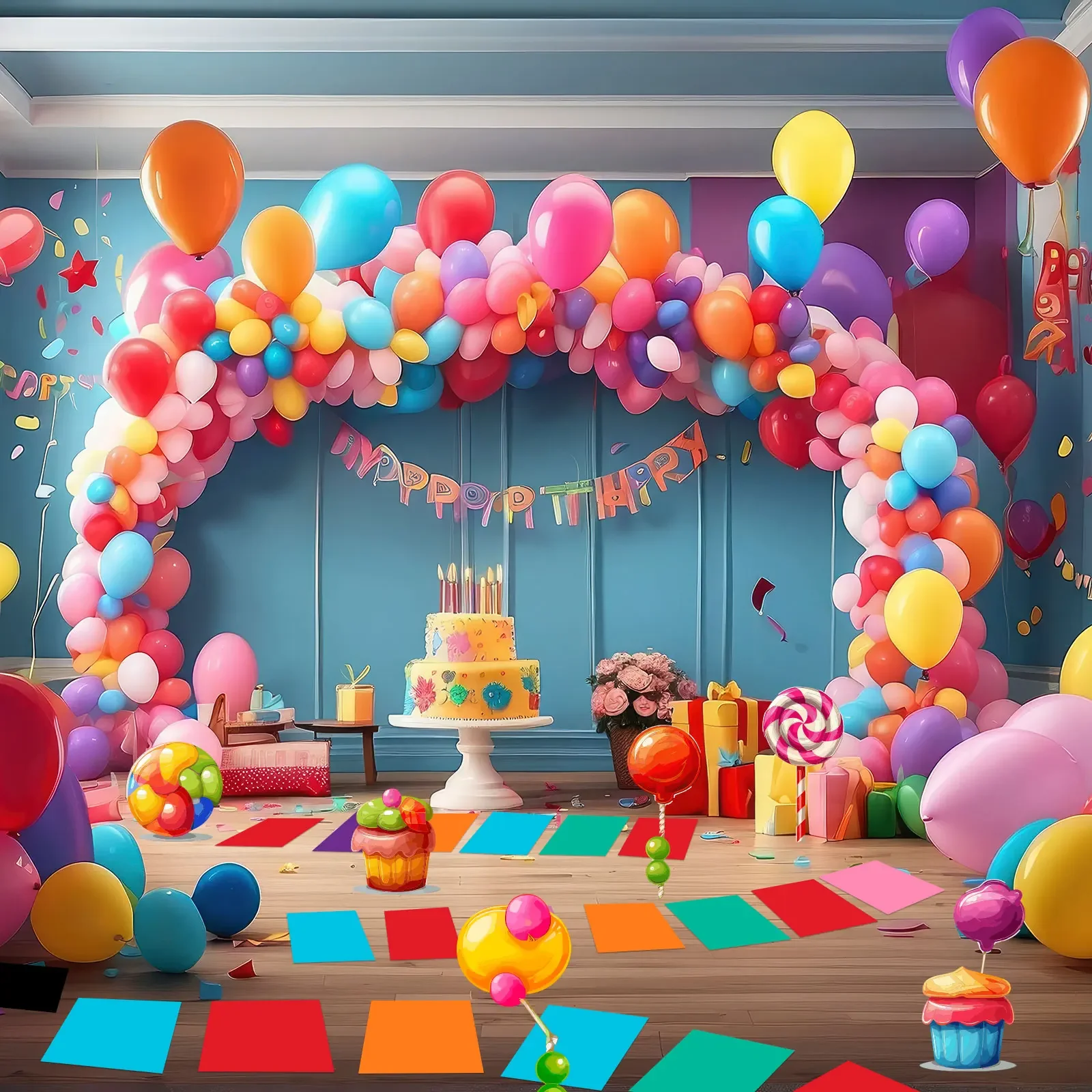 30 قطعة من ملصقات الأرضية البلاستيكية الملونة كاندي لاند تحت عنوان ديكورات الحفلات لون الباستيل كانديلاند المدرج البساط المدخل عداء