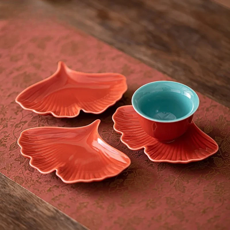 2pc/lot Palace Museum Red Creative Ginkgo Leaf Coasters Japanese For Coffee Cup Heat Insulation Placemats Tea Services Ornaments