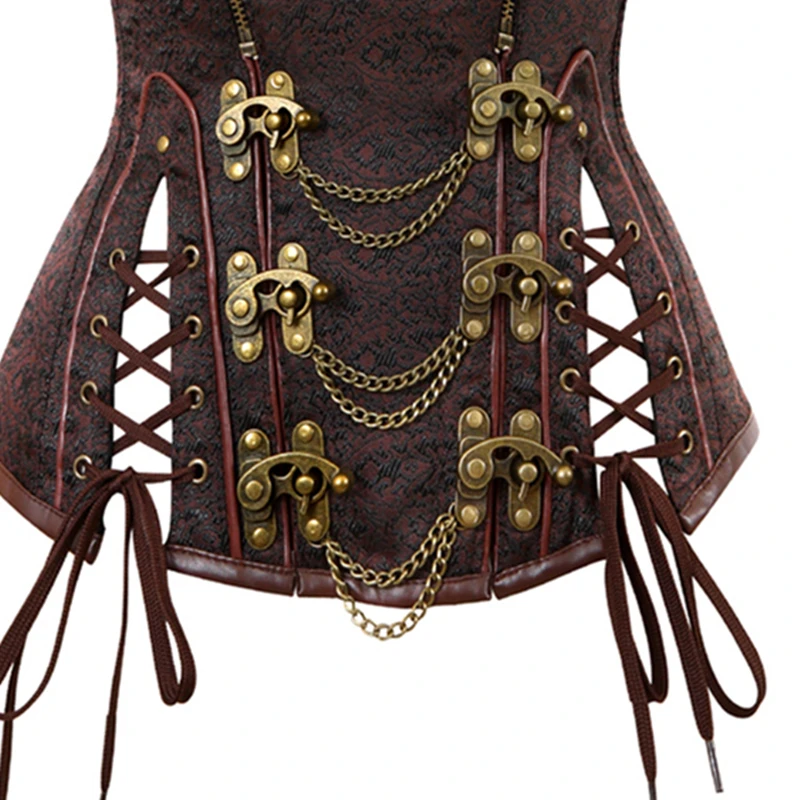 Steampunk Medieval Women Zipper Style Spiral Steel Bone Leather Corset Bustier Top Sexy Gothic Brown  Halloween Party Costume