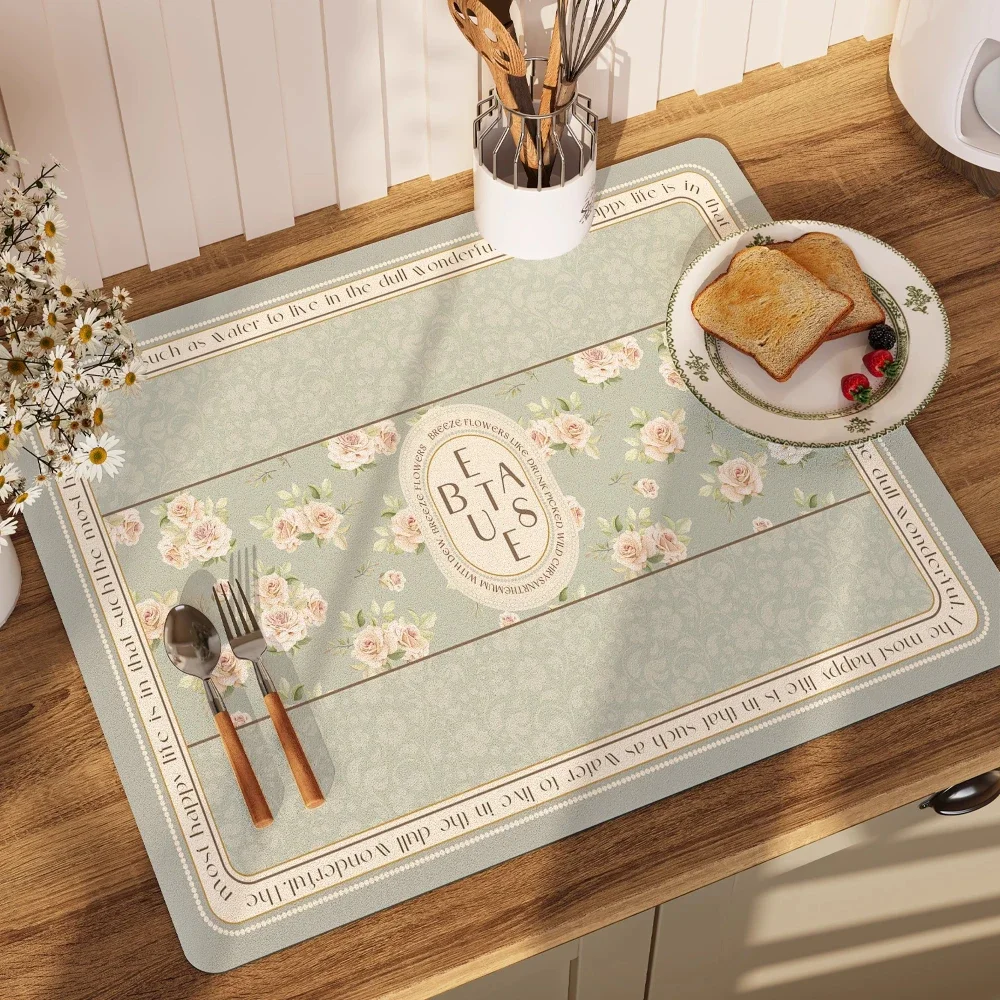 French Light Green Flowers Diatomite Rubber Kitchen Mat Absorbent Non Slip Dish Drying Pad for Coffee Machine Tea Cup Home Decor