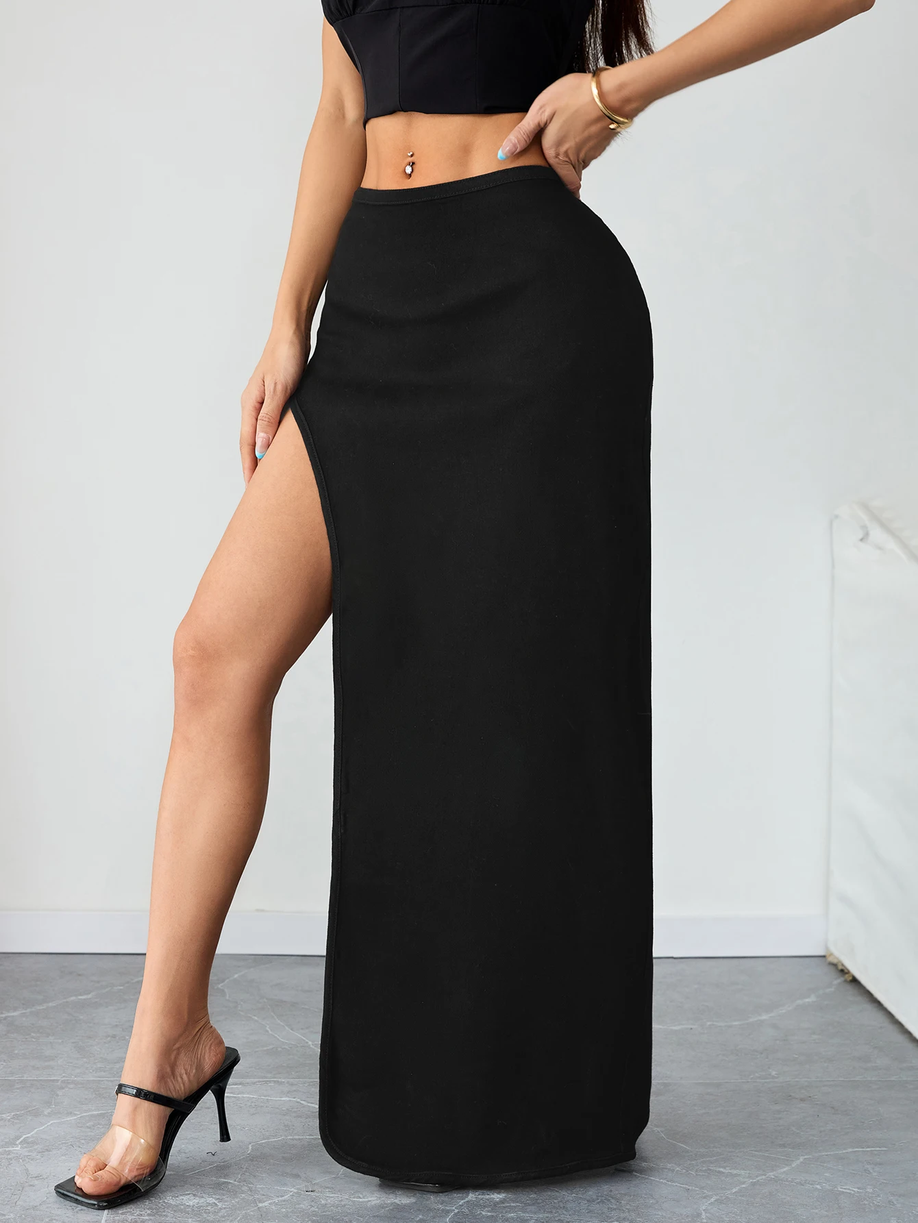 Gonna lunga in denim nero per donna Pantaloni jeans lunghi sexy con spacco alto Streetwear Abbigliamento moda Abito da festa slim fit