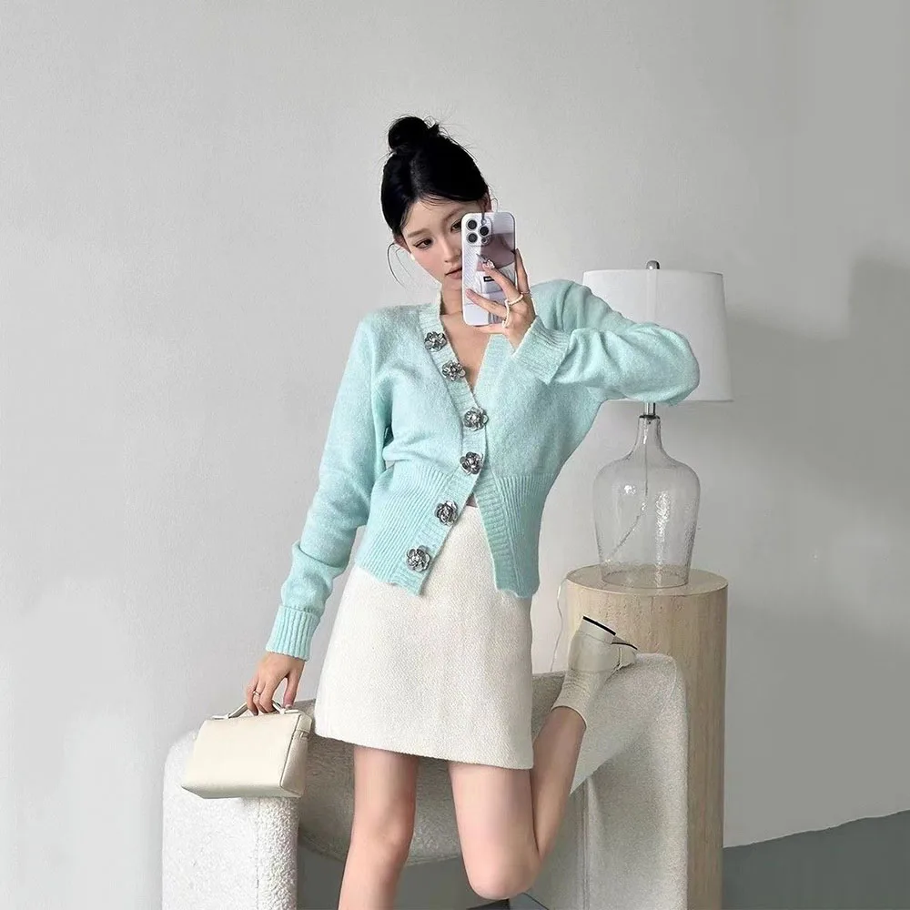 Lazy Style Sweaters For Women Fashion Mint Green Sexy V Neck Cardigan Autumn Sequin Flowers Decoration Button Knitted Top Ladies