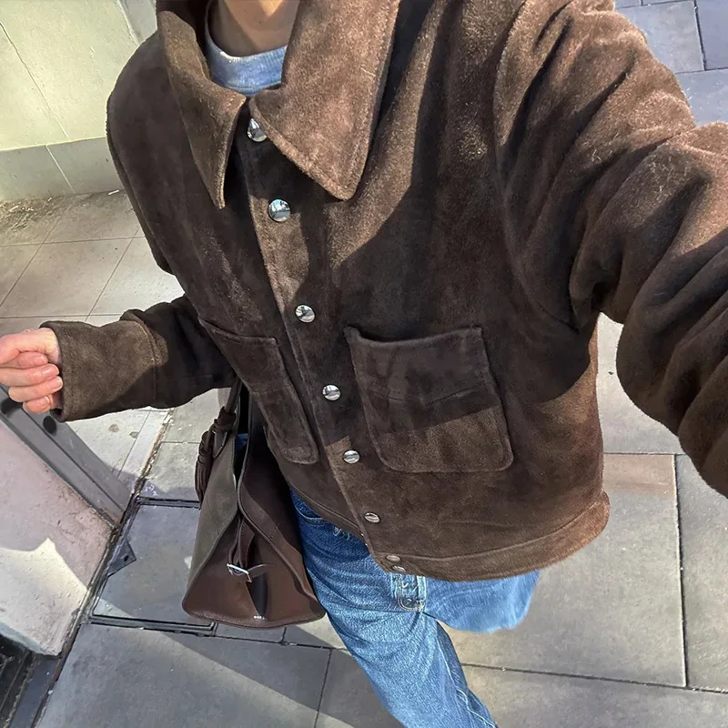 

Vintage Brown Suede Women's Jackets Turn Down Collar Long Sleeve Single Breasted Female Pockets Coats 2025 Autumn Ladies Outwear