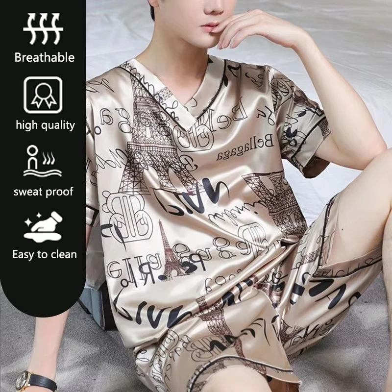 Pajamas Men Ice Silk Thin Short-Sleeved Two-Piece Suit Korean Version of the Loose Large Size Men Home Clothing with Letters