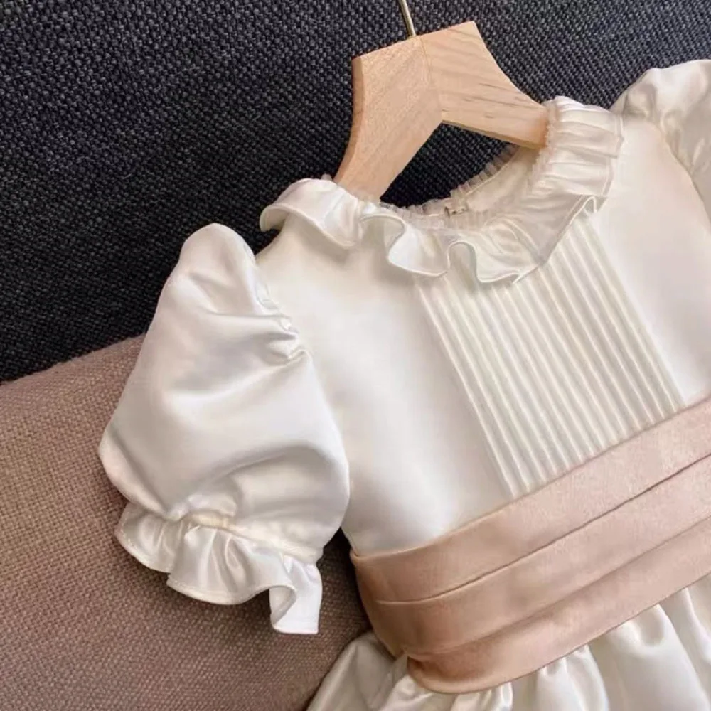 Baby Girls Birthday Dress Retro Elegant Kids Princess Dresses Ruffler Sleeve Pleated Wedding Party Prom Gown for Children 1-12T