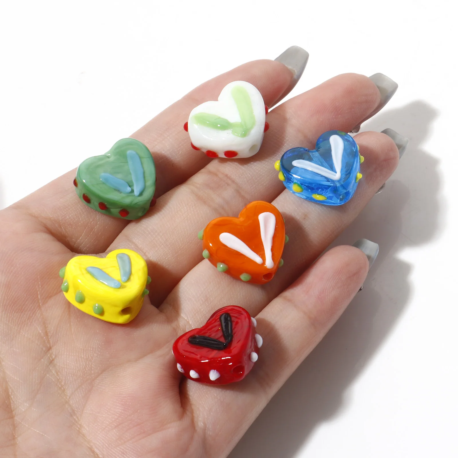 5PCs Lampwork Glass Sweet Beads Heart Multicolor Dot Loose Spacer Beads Valentine\'s Day DIY Jewelry Making About 17mm x 15mm