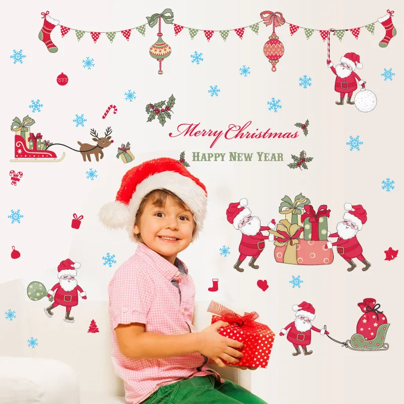 1pc PVC Removable Cartoon Santa Claus Pattern Wall Stickers for Kids Room Decor Christmas Decoration Bedroom Wall Stickers