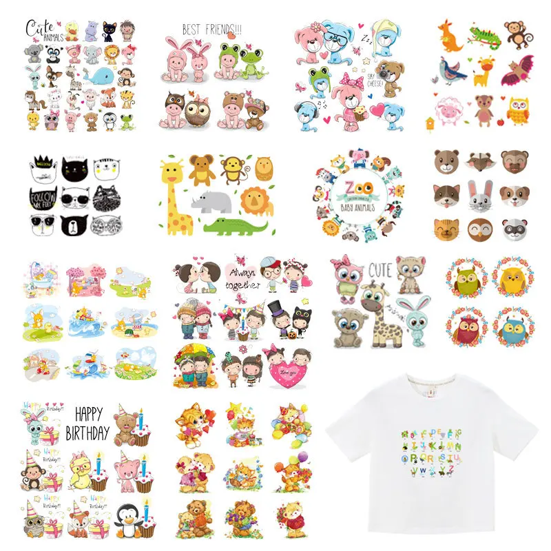 Cartoon Cute Animal Patch Set Heat Transfer Stickers Stripes for Clothing Kids T-shirt Unicorn Cat Girl Owl Patches for Clothes