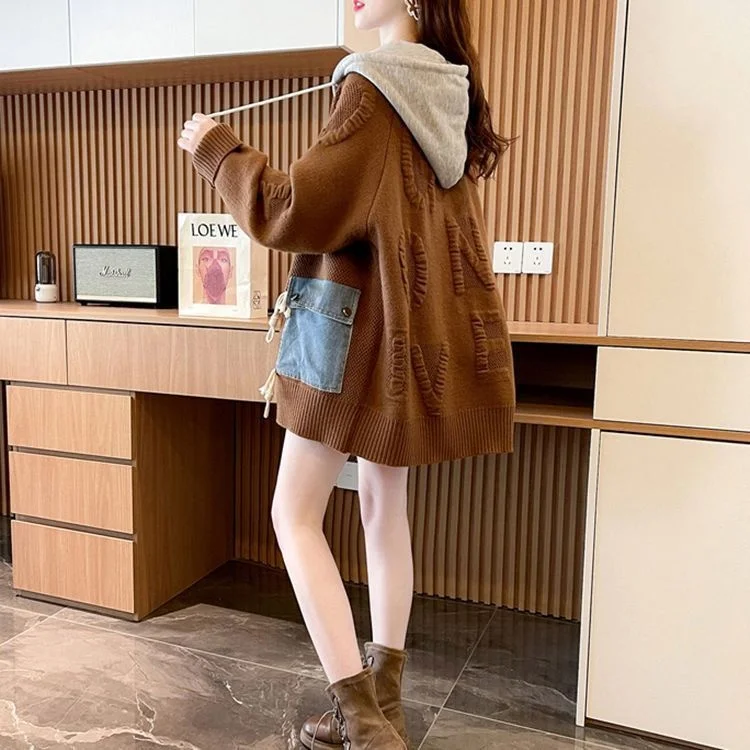 Women autumn Winter Sweater Cardigans Long Pockets Patchwork Knitted Jackets Button Up Hooded Sweater Jackets Warm Thick Sweater