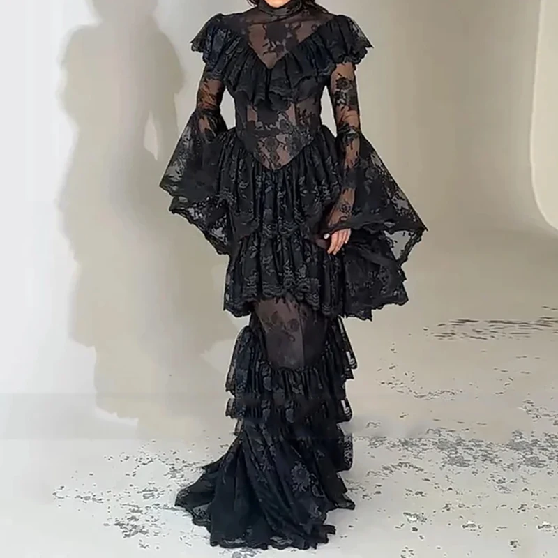 

Модное вечернее платье с кружевной вышивкой, новинка весны, с расклешенными рукавами, приталенное, длинное, женское, элегантное, с многослойным дизайном и оборками, для вечеринок