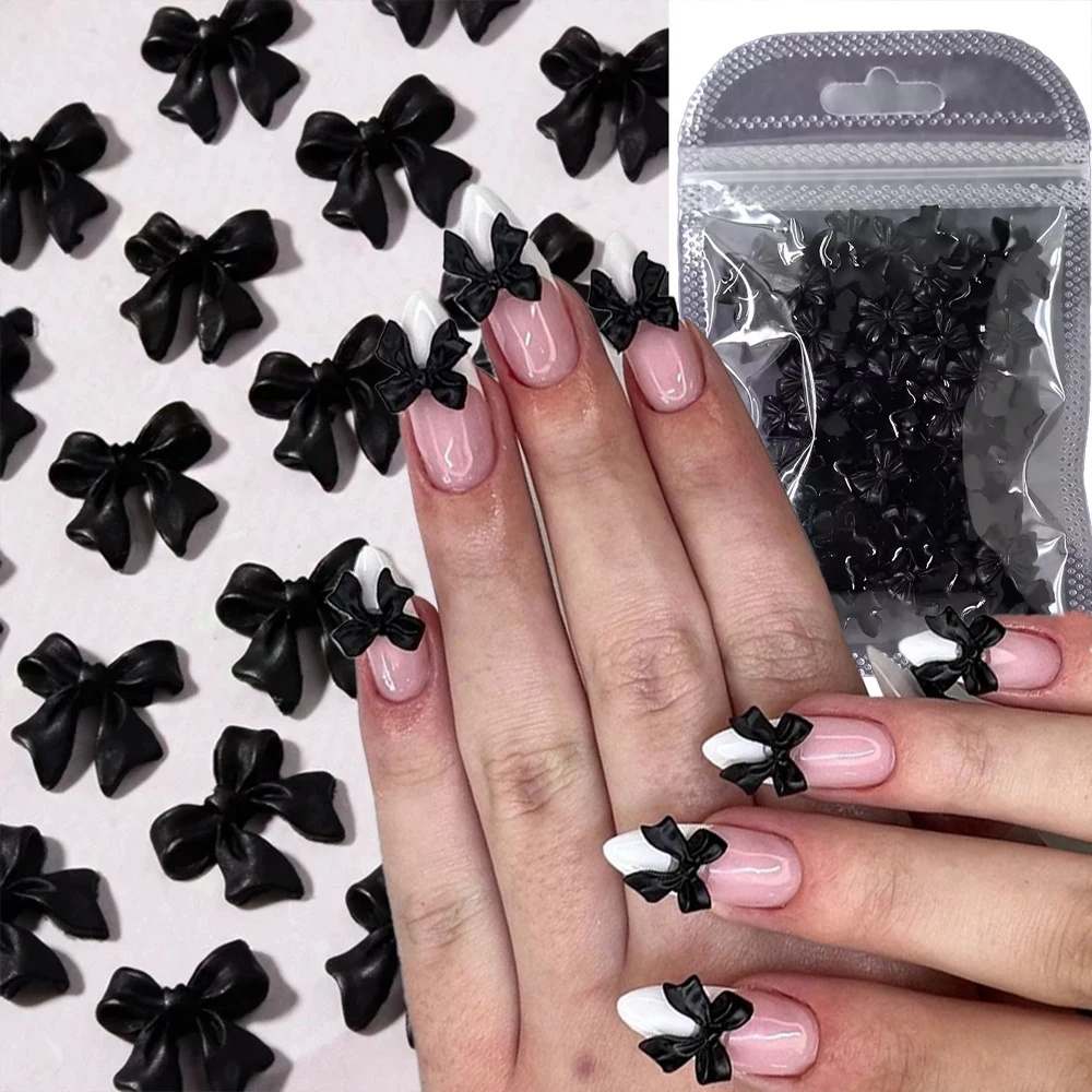 50pcs 10*10mm Black Ribbon Bow Nail Charms 3D Kawaii Resin Bowknot Nail Art Rhinestone 6Colors Flatback Bowtie Nail Jewely Decor