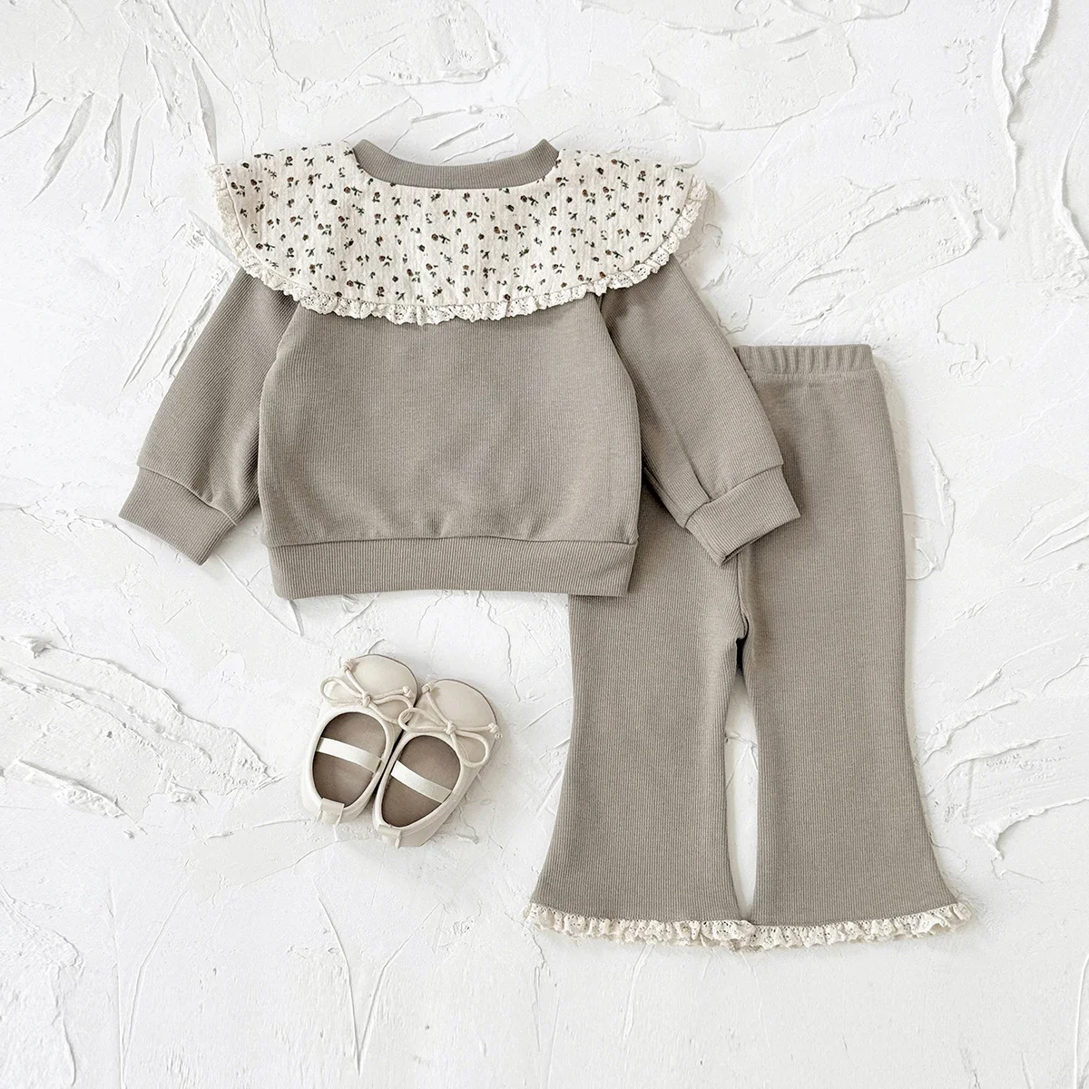 1-3 Years Toddler Girl 2Pcs Set Soft Ribbed Fabric Khaki Sweatshirt + Pant Daily Wear Casual Comfortable Outfit for Baby Girls