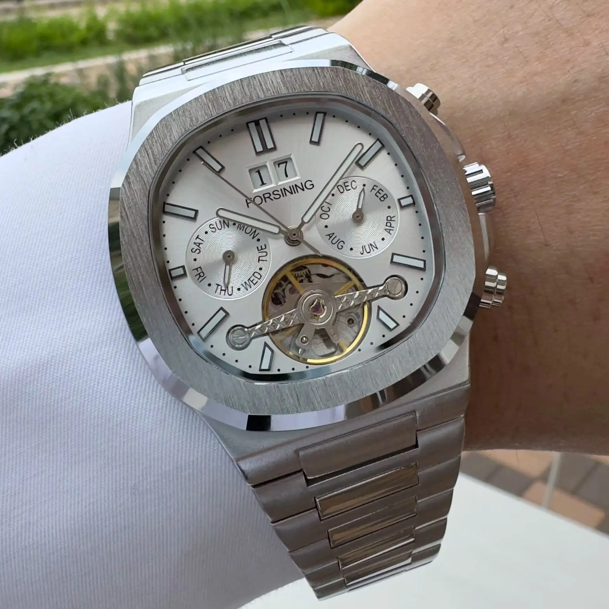 Forsining Fashion Calendar Watch for Men Business Tourbillon Skeleton Automatic Mechanical Watches Stainless Steel Strap Clock