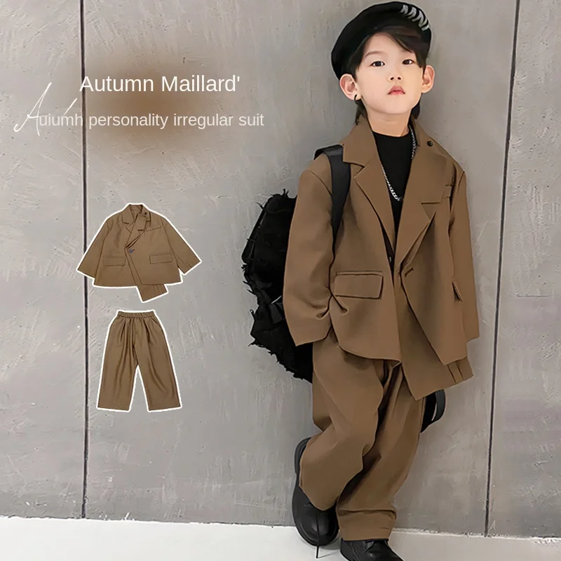 2024 autumn new boys and children irregular two-piece Maillard suit set boys handsome fashion products90-160cm